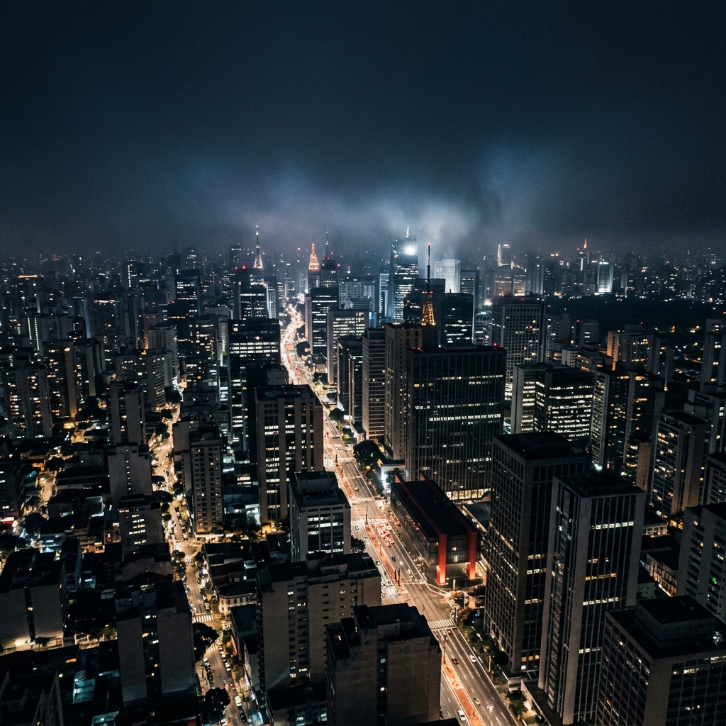 Aerial view of São Paulo financial district at night — institutional authority
